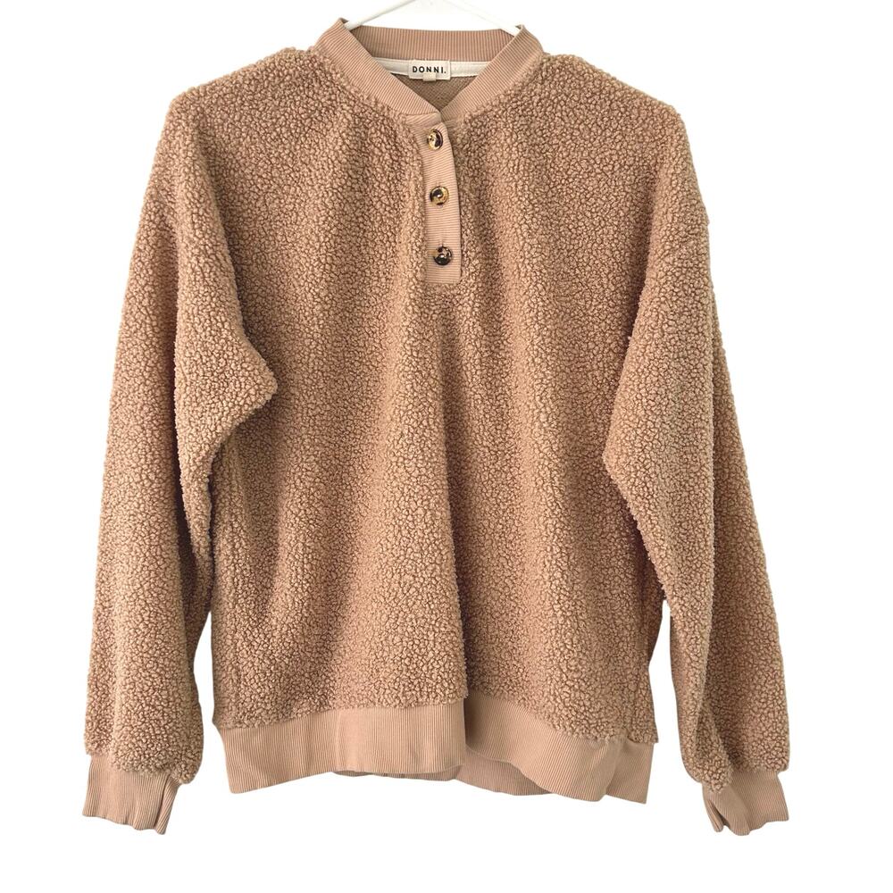 Donni Women's Mini Sherpa Henley Camel Tan Long Sleeve Shirt S Small - Picture 2 of 8